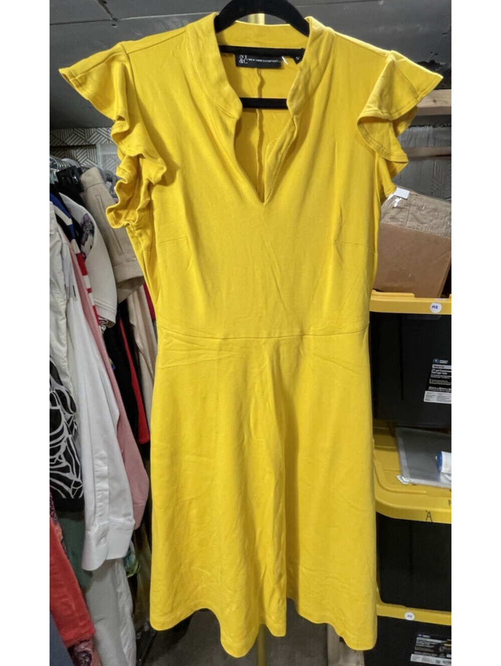 New York & Company Yellow Cotton Dress XS Flutter Sleeve V-Neck Knee Length